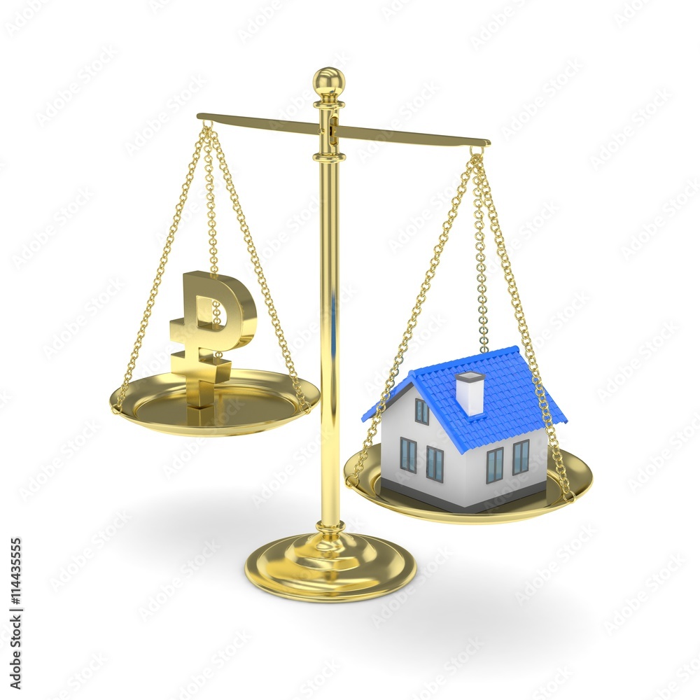 Isolated golden scales with golden rouble and house on white background. Investment or savings concept. Real estate and currency. 3D rendering. Isolated golden scales with golden rouble and house on white background. Investment or savings concept. Real estate and currency. 3D rendering.