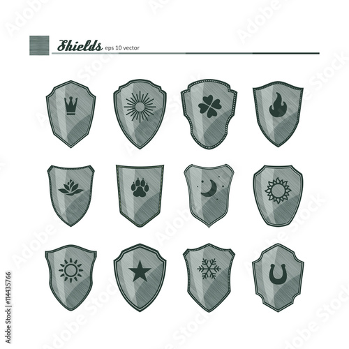 Shields with neutral symbols.