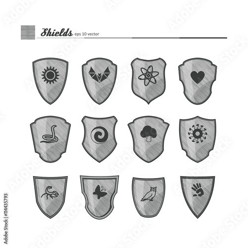 Shields with neutral symbols.