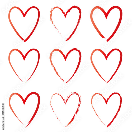 Set von 9 roten Herzen als Umriß, Linie,  Kohlestrich, Grafisches Element