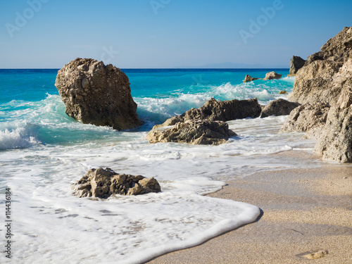 Waves at Calamitsi beach on Lefkada, Greece