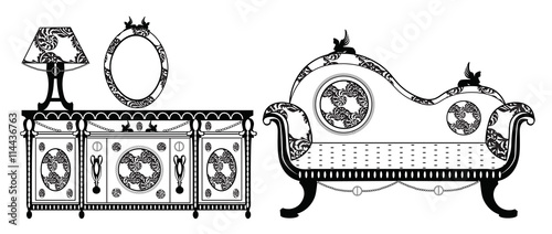 Vintage Classic Style furniture set. Sofa and Commode table. Vector sketch