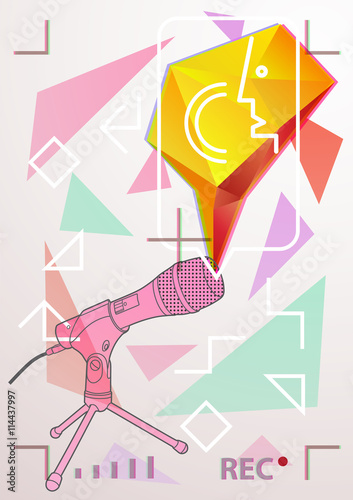 Illustration of the microphone  with 3d speech elements, simple art for web and print design appealing for abstract and sound  theme.
