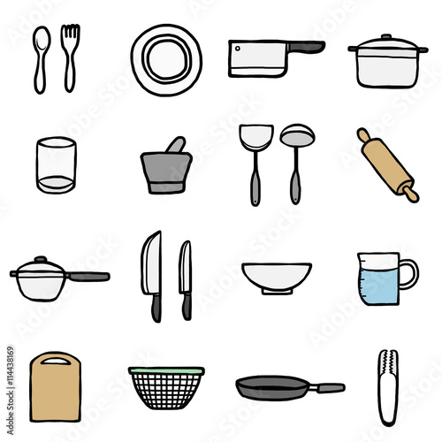 kitchen objects or icons set/ cartoon vector and illustration, hand drawn style, isolated on white background.