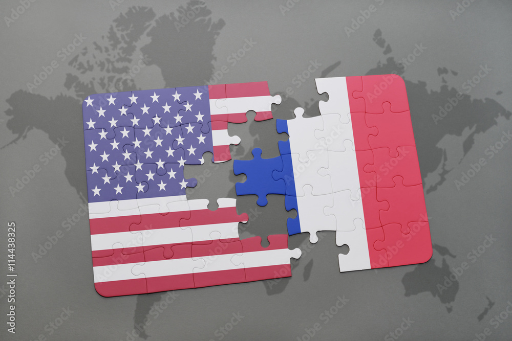 puzzle with the national flag of united states of america and france on ...
