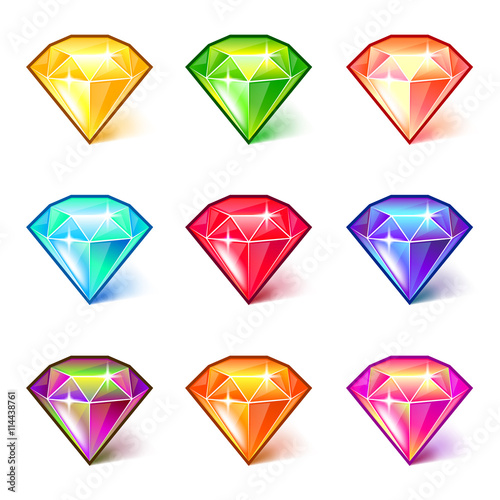 Colorful cartoon diamonds icons vector set