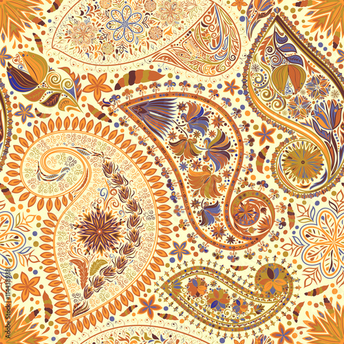 Paisley vintage floral motif ethnic seamless background. Printable colors abstract lace pattern. Editable colors without losing seamlessly. Hand drawing motley wallpaper. EPS-8 vector buta texture
