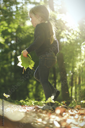 Girl in forest walking with leaves photo