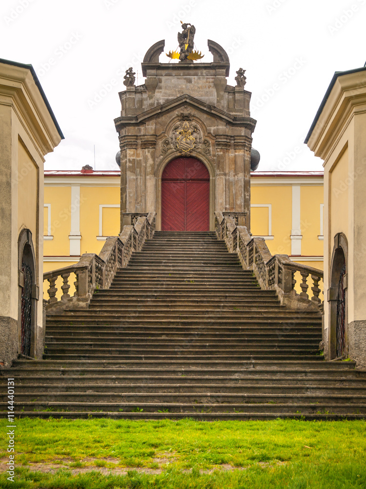 Beautiful staircase and entrance gate to Monastery and place of pilgrimage on Mountain of Holy Mother, Horni Hedec, Czech Republic