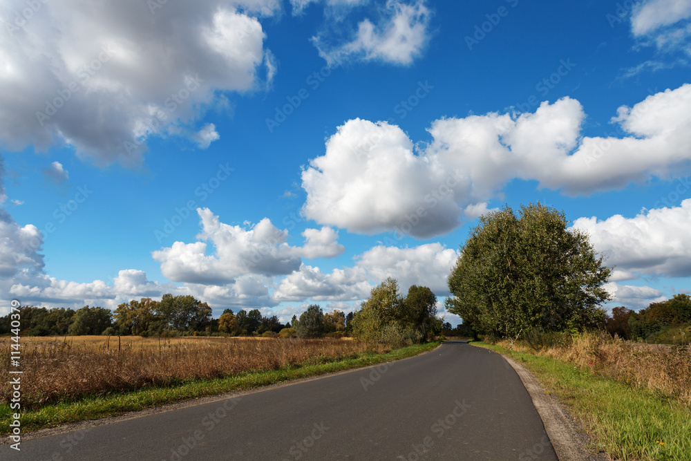 Blue cloudy sky over suburban road