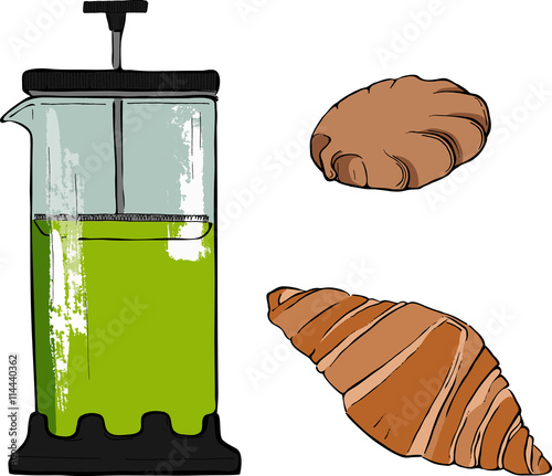 Set of french press with green tea, croissant and meringue or biscuit on white background. Cartoon sketch drawn by ink. Hand drawn vector illustration.