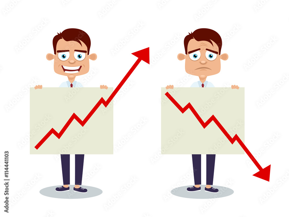 Two happy and sad businessmen with posters graphic arrow pointing up ...