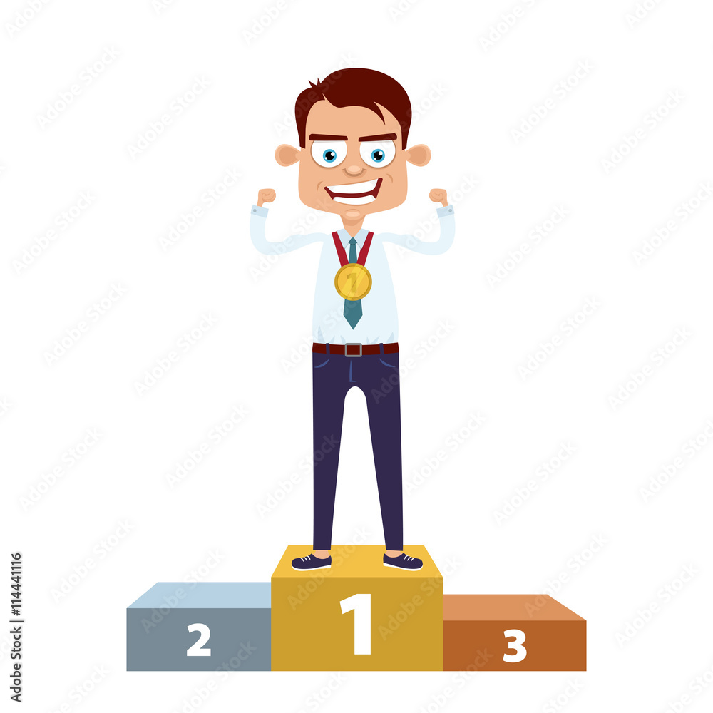 Happy winner! Businessman standing on the podium at first place with a gold medal and shows muscles. Vector cartoon flat character on white background. Happy winner! Businessman standing on the podium at first place with a gold medal and shows muscles. Vector cartoon flat character on white background.