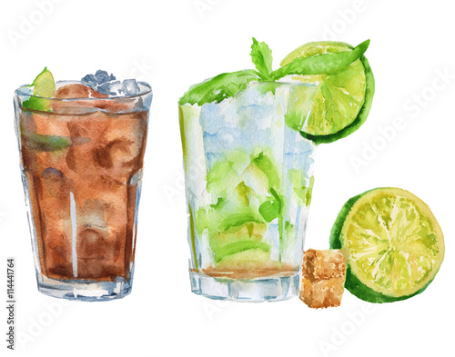 cocktail with fruit and mint. isolated. watercolor illustration