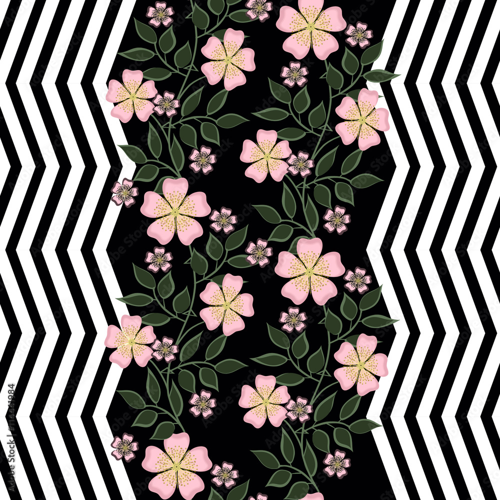 Floral seamless pattern in retro style, cute pink flowers white ...