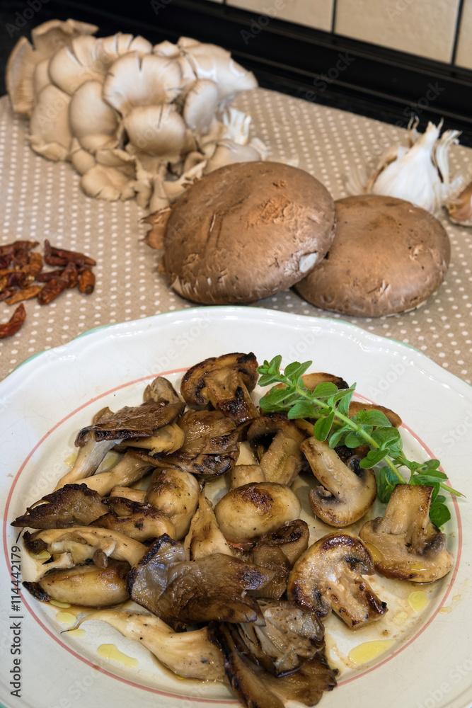 White plate of cooked mushrooms in kitchen