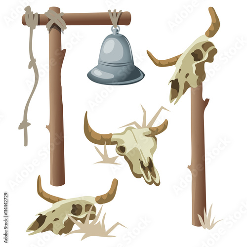 Hanging bell and three bull skulls