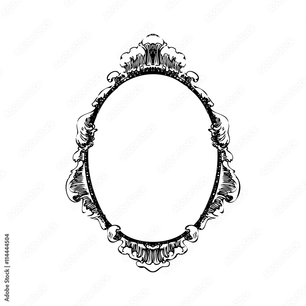 Mirrow in an oval frame isolated on white. Hand drawn sketch. Engraving. Stock Vector Adobe Stock