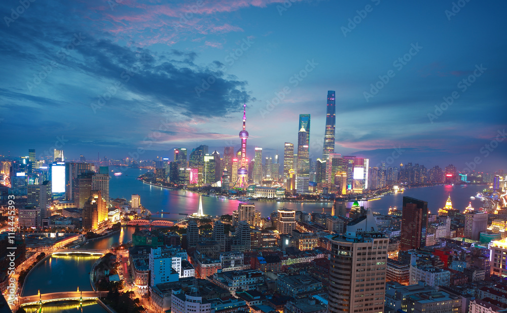 custom made wallpaper toronto digitalAerial photography at Shanghai bund Skyline of dusk