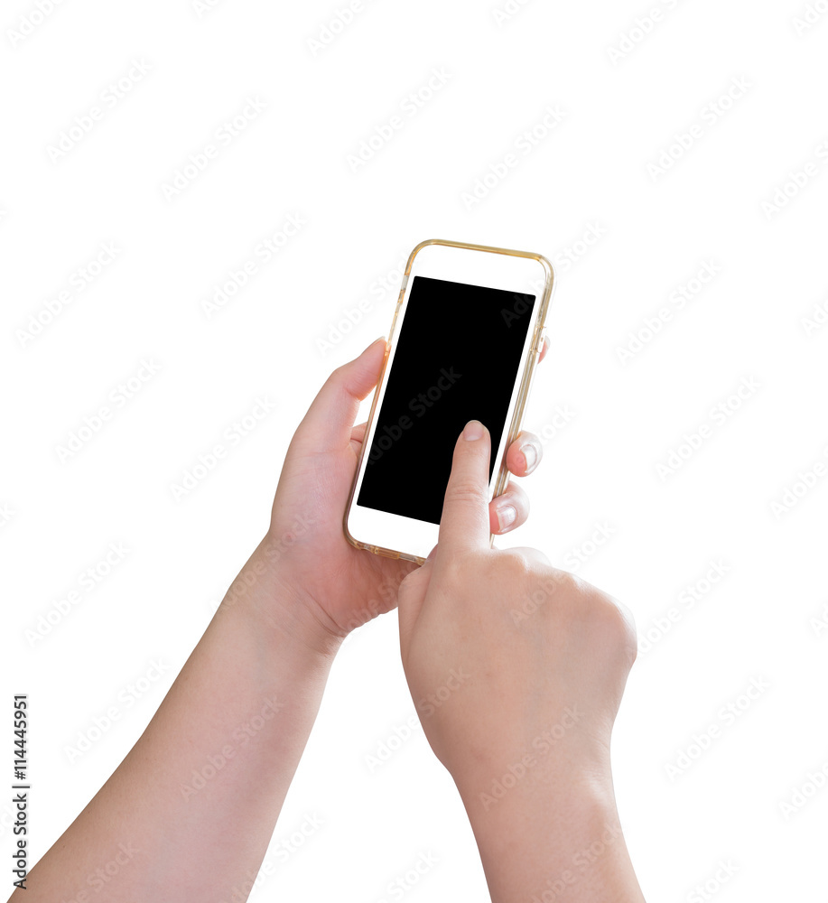 Female hand holding mobile phone isolated on white background Female hand holding mobile phone isolated on white background