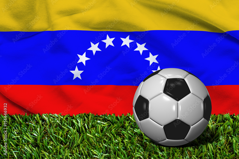 Soccer Ball on Grass with Venezuela Flag Background, 3D Rendering