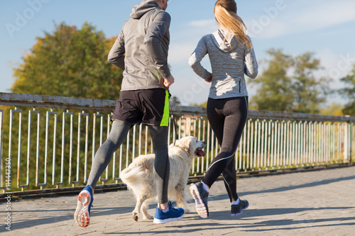 close up of couple with dog running outdoors