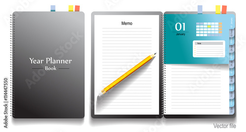 Note book, note papers and pencil