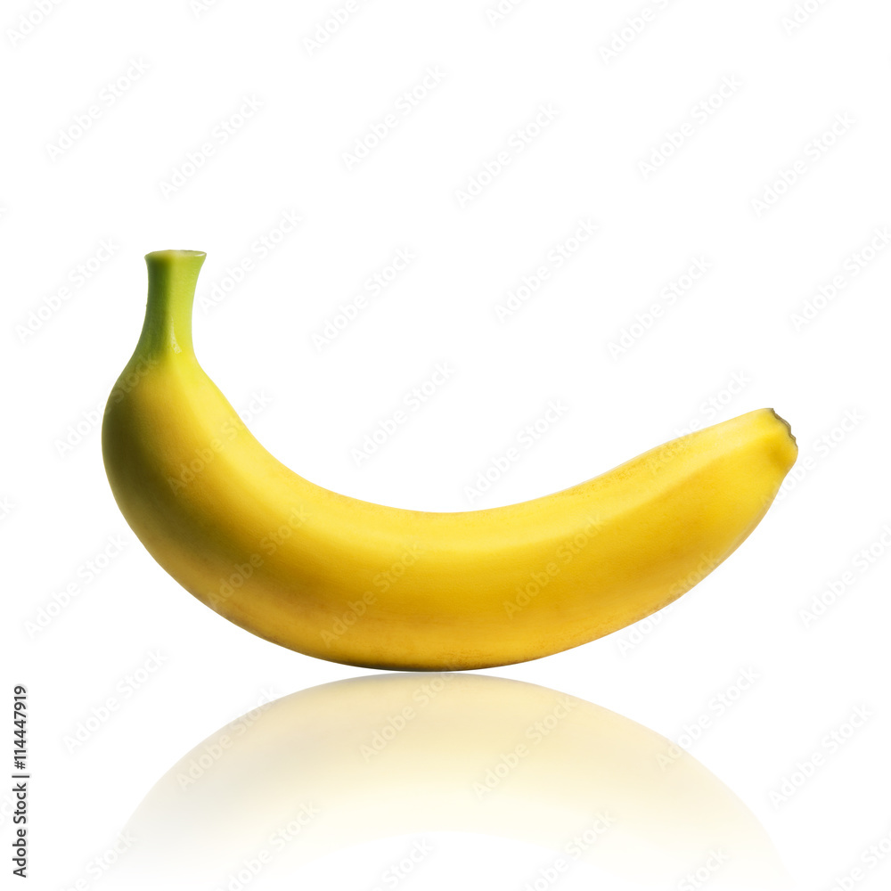 Image of banana with reflection, on  a isolated white background