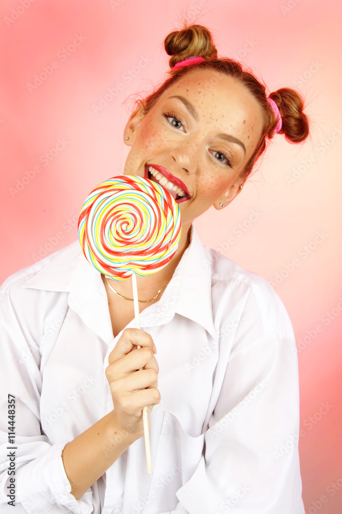 cute girl with big candy, sweet sugar, candy concept. Poster commercial ready cute girl with big candy, sweet sugar, candy concept. Poster commercial ready