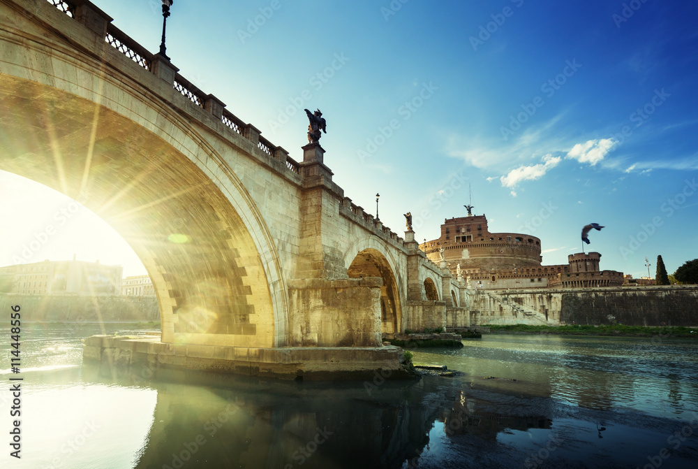 Sant Angelo Castle and Bridge in sunset time, Rome, Italia