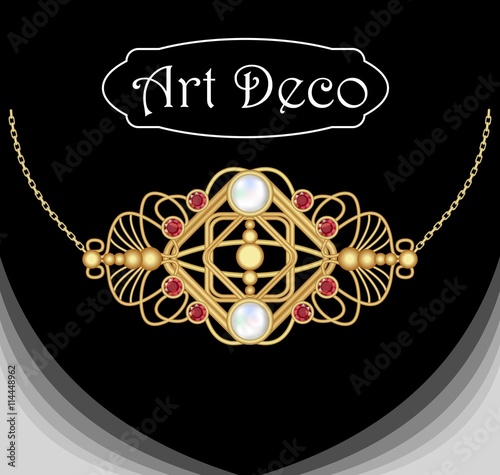 Art deco jewel. Vintage gold necklace. Jewel in victorian style. Retro necklace. Filigree gold jewel. Antiquarian jewelry. Filigree gold necklace. Ancient vector jewel. Pendant with ruby and pearl.