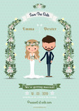 Hipster wedding invitation card bride & groom cartoon beach them