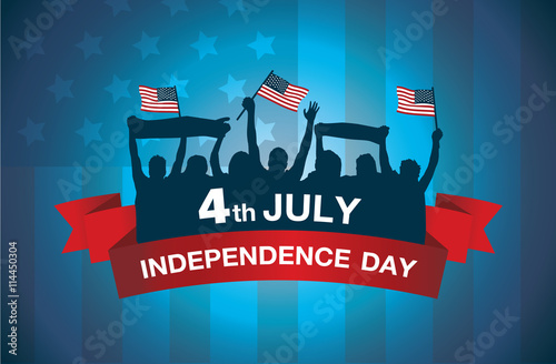 Logo celebrate 4 July independence day of American on national flag background. Group people waving flags and gambol in silhouette style.