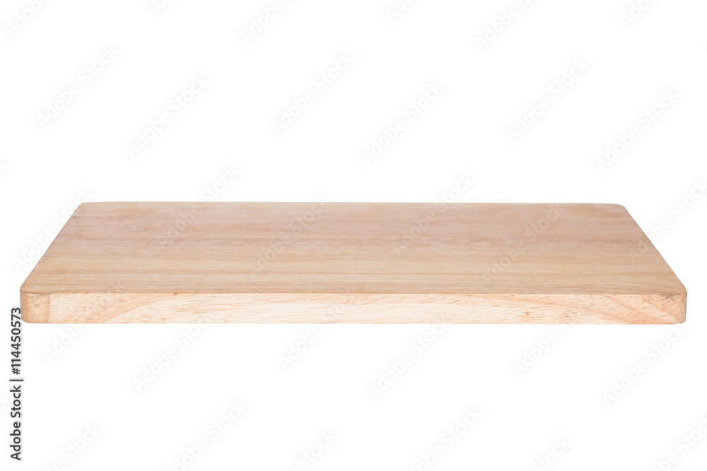 Empty top of wooden shelf isolated on white background. For prod