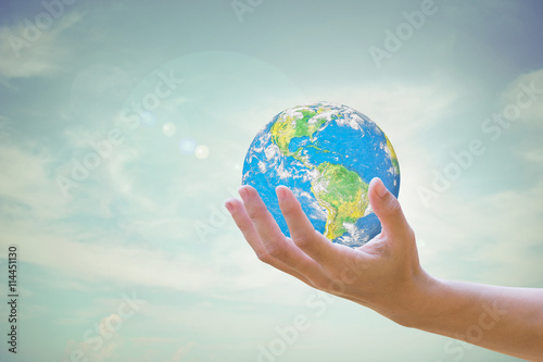 World Human hands the sky in the background blurred.Environment Day concept. Ecology concept. .Environment Day concept. Ecology concept.Elements of this image furnished by NASA.
