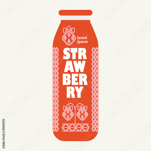 Bottle of juice, sugar water, tea or cocktail with drawing strawberry. Retro texture on the background. Concept design for juice or cocktail.