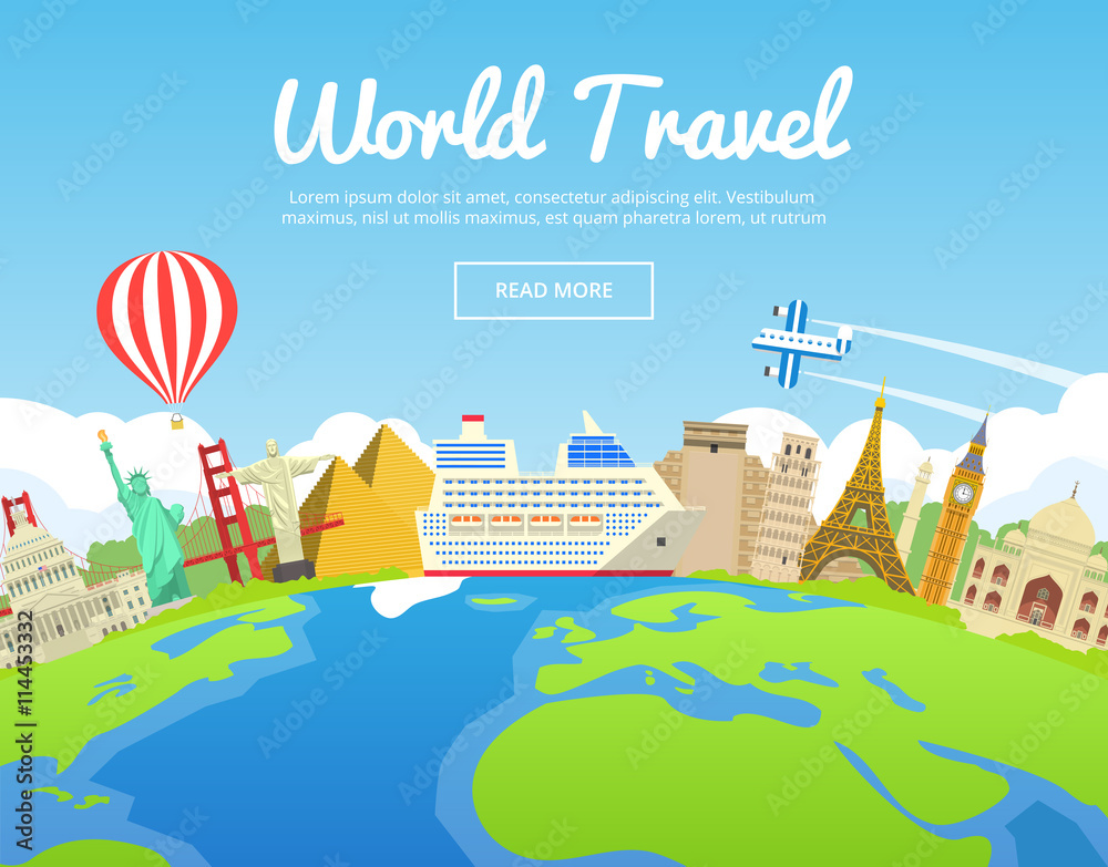 World travel famous monument concept. Landmarks grouped on planet Earth. Journey, vacation and tourism modern flat design background. Website template. Vector illustration