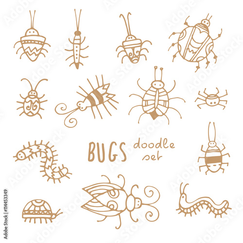 Cartoon bugs set. Different species of beetles.  Funny insects collection. Doodle style. Vector contour image no fill.