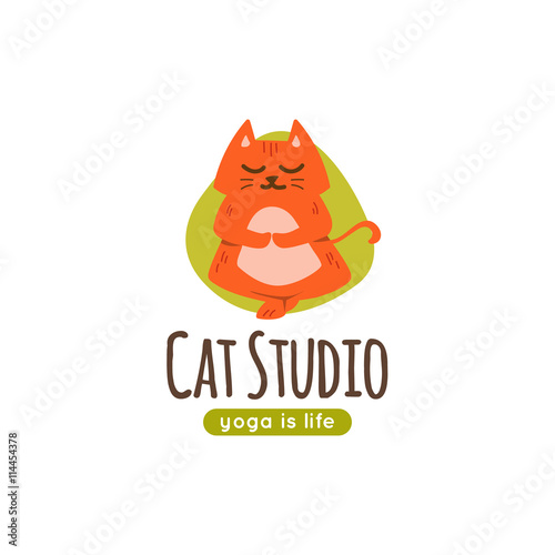 Vector logo with cute cartoon cat standing in yoga pose.