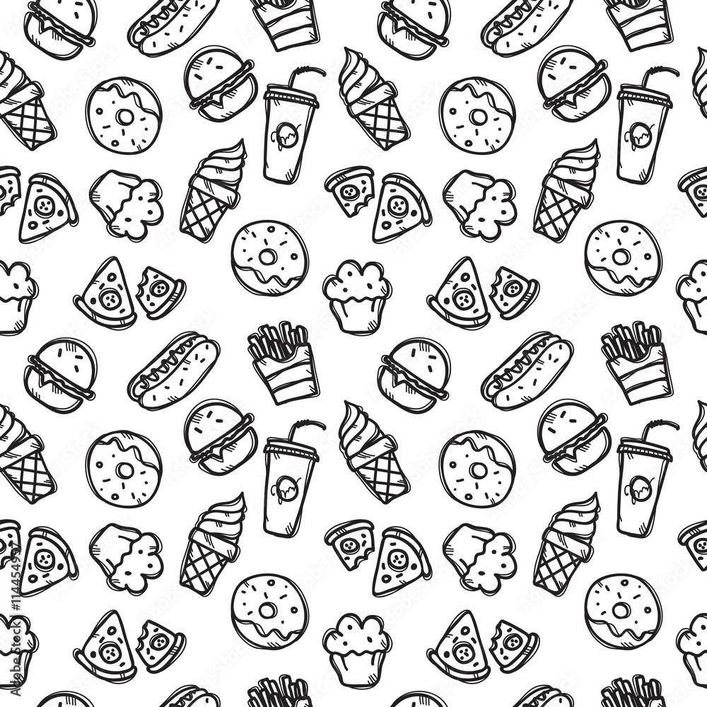 Vector seamless pattern with fast food objects.