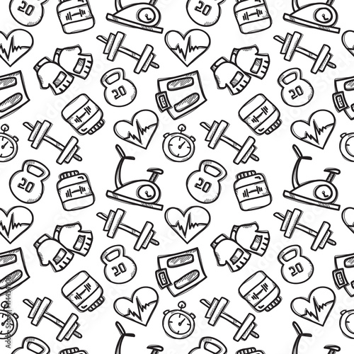 Vector seamless pattern with sport objects. Fitness accessories  background in doodle style.