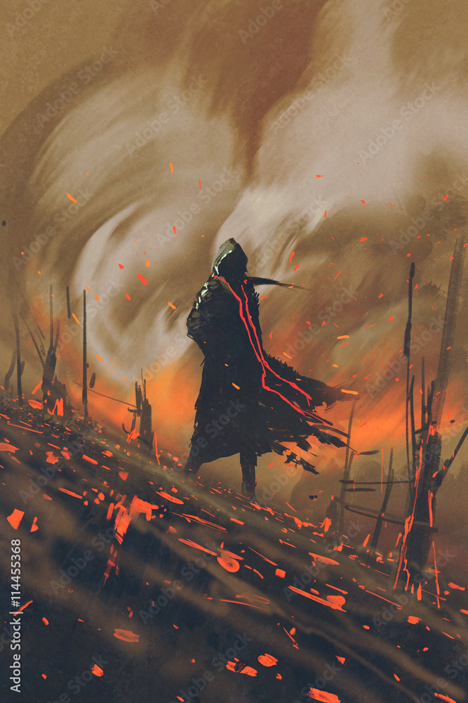 Fototapeta premium man in black cloak standing against burning forest,illustration painting