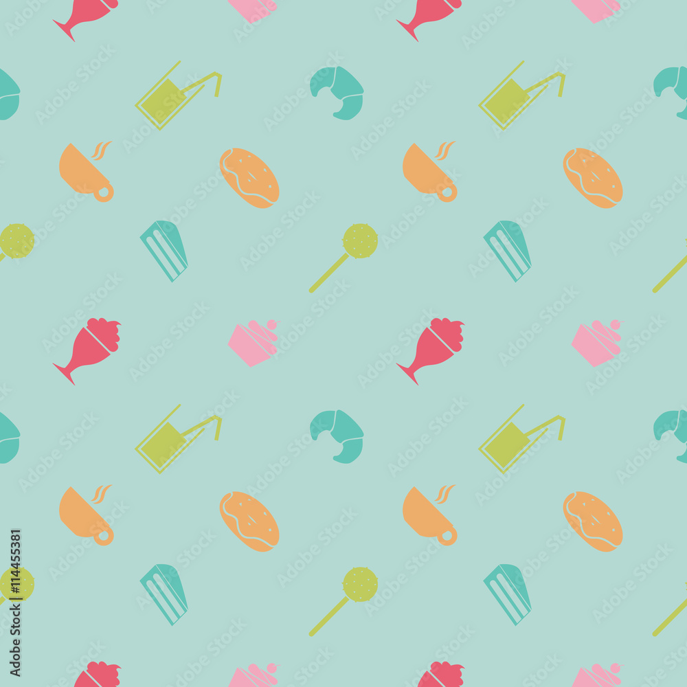 Sweet seamless pattern. Party food and deserts: ice cream, juice, croissant, lollipop, cupcake, popsicle, chocolate, milkshake, donut, pie, cake, coffee, cappuccino. Vector seamless background flat Sweet seamless pattern. Party food and deserts: ice cream, juice, croissant, lollipop, cupcake, popsicle, chocolate, milkshake, donut, pie, cake, coffee, cappuccino. Vector seamless background flat