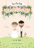 Rustic wedding couple save the date invitation card floral blossom with dog and cat