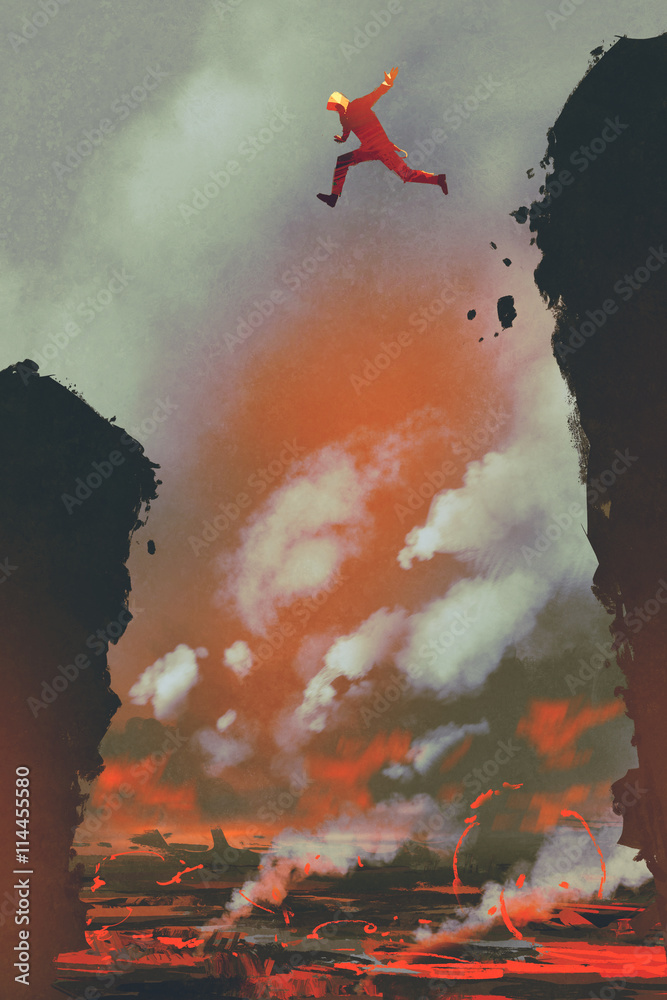 Fototapeta premium man jumping on the cliff against lava landscape background,illustration painting