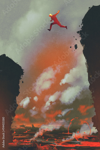 man jumping on the cliff against lava landscape background,illustration painting