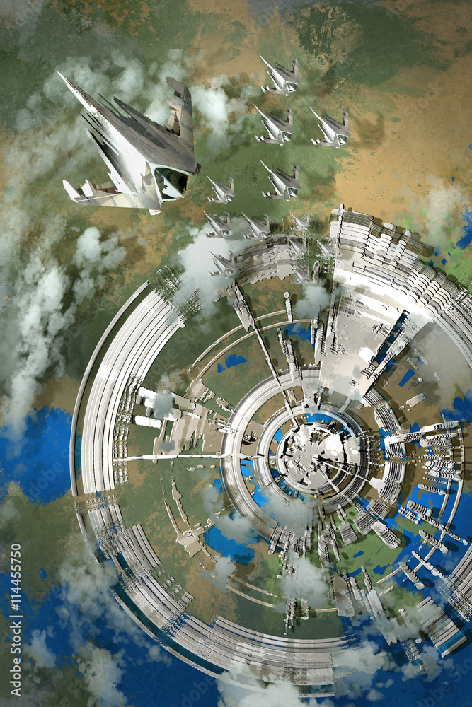 Obraz premium aerial view of futuristic city,alien planet,illustration painting