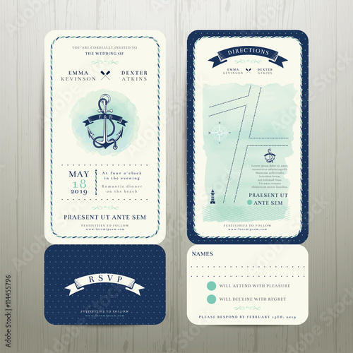 Wedding on the beach watercolour nautical theme with rsvp card set