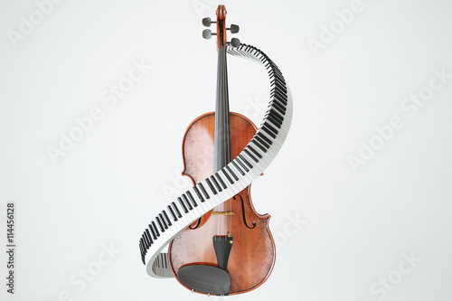 Aged violin and piaone keys concept. 3D rendering