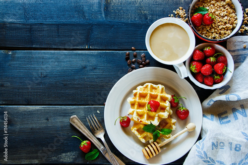 Breakfast table with waffles
